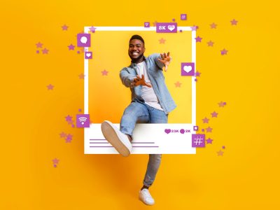 Positive African American guy dancing and jumping out of photo frame over yellow studio background, collage with social media reactions. Concept of blogging and SMM marketing